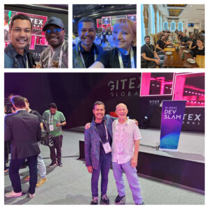 A collage of pictures of people eating and selfies with GITEX DevSlam setup in the background