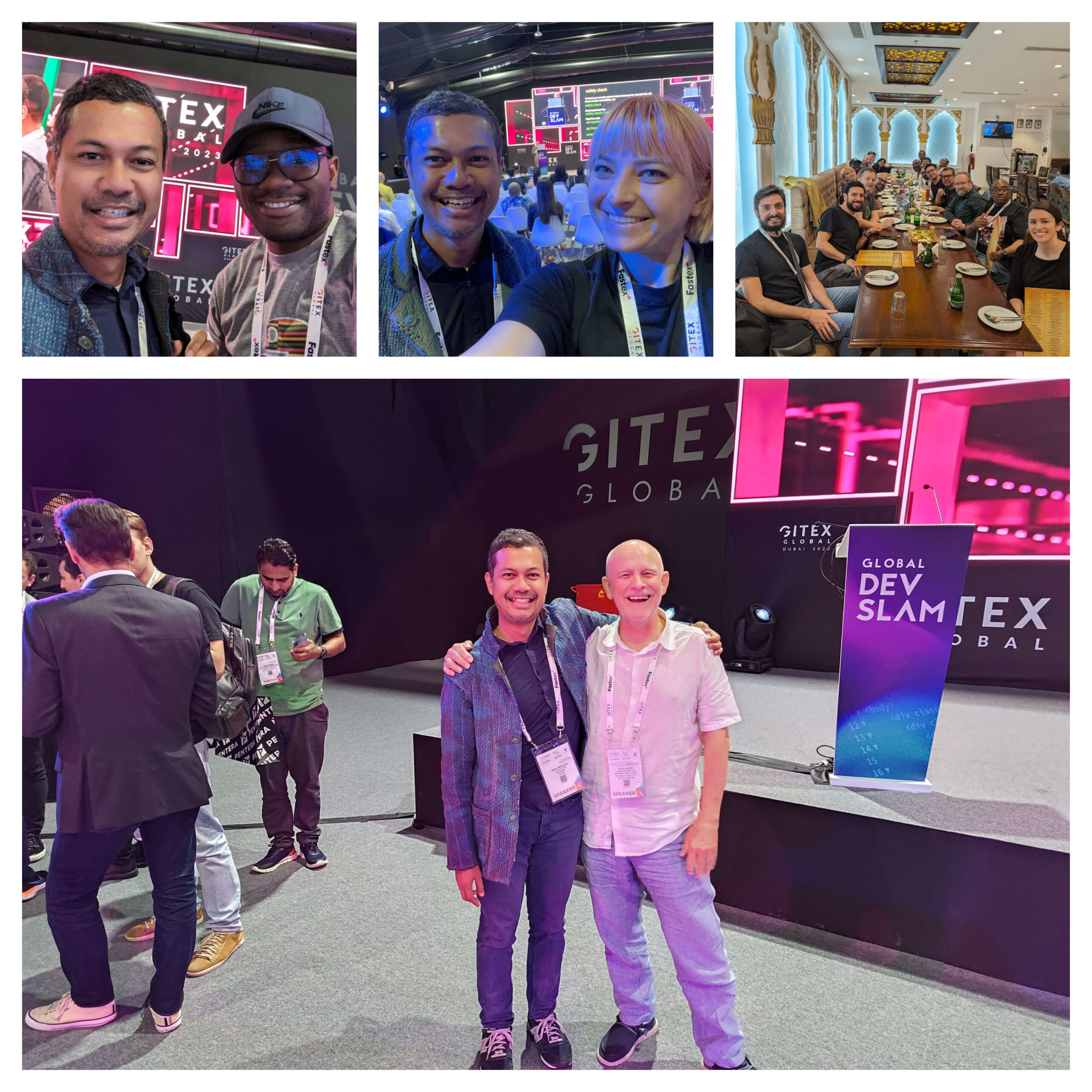 A collage of selfies and people eating with GITEX Global DevSlam setup in the background