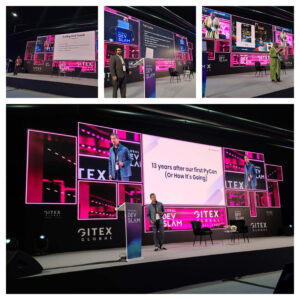 A collage of pictures of people giving talks on a stage with GITEX Global setup in the background