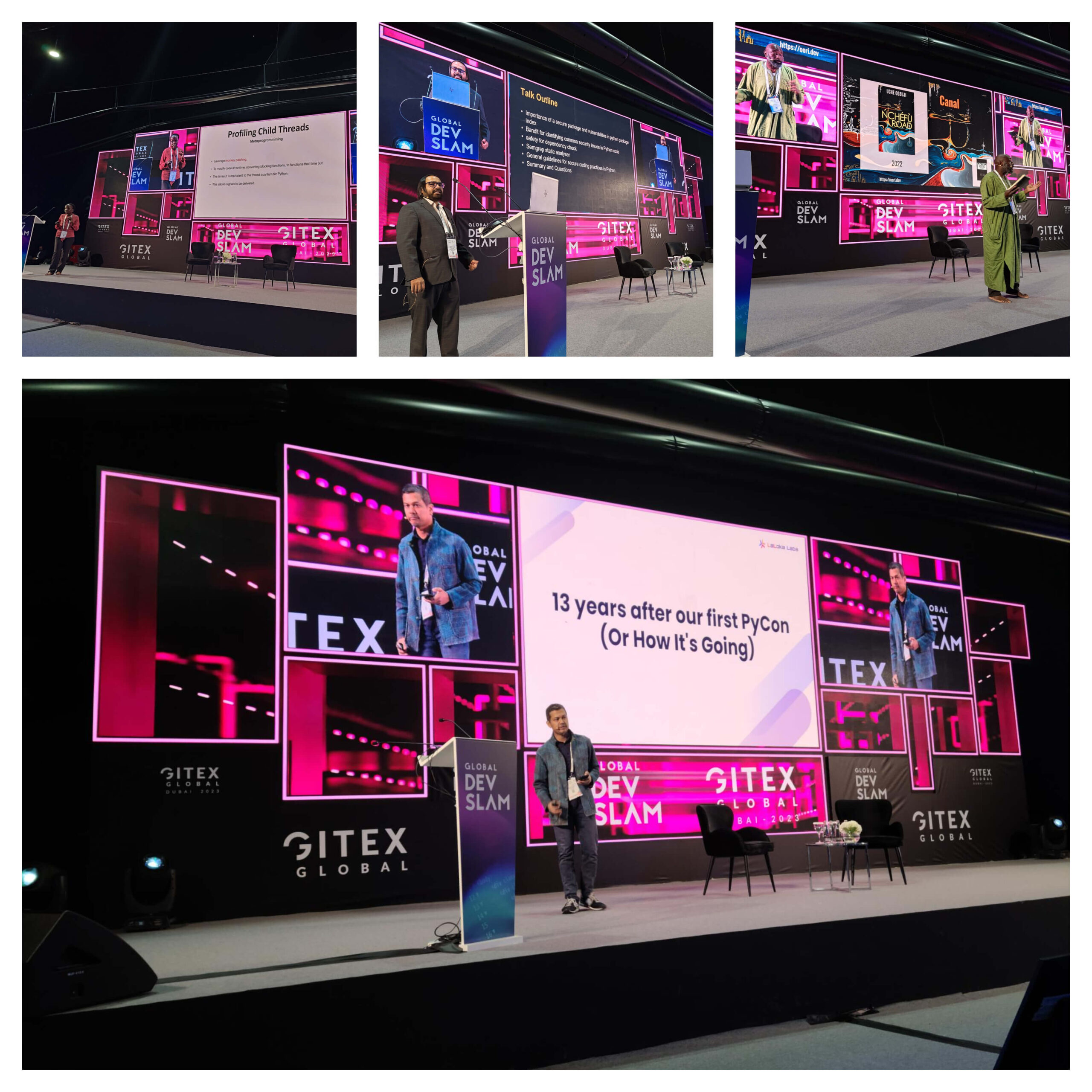 A collage of pictures of people giving talks on a stage with GITEX Global set up in the background
